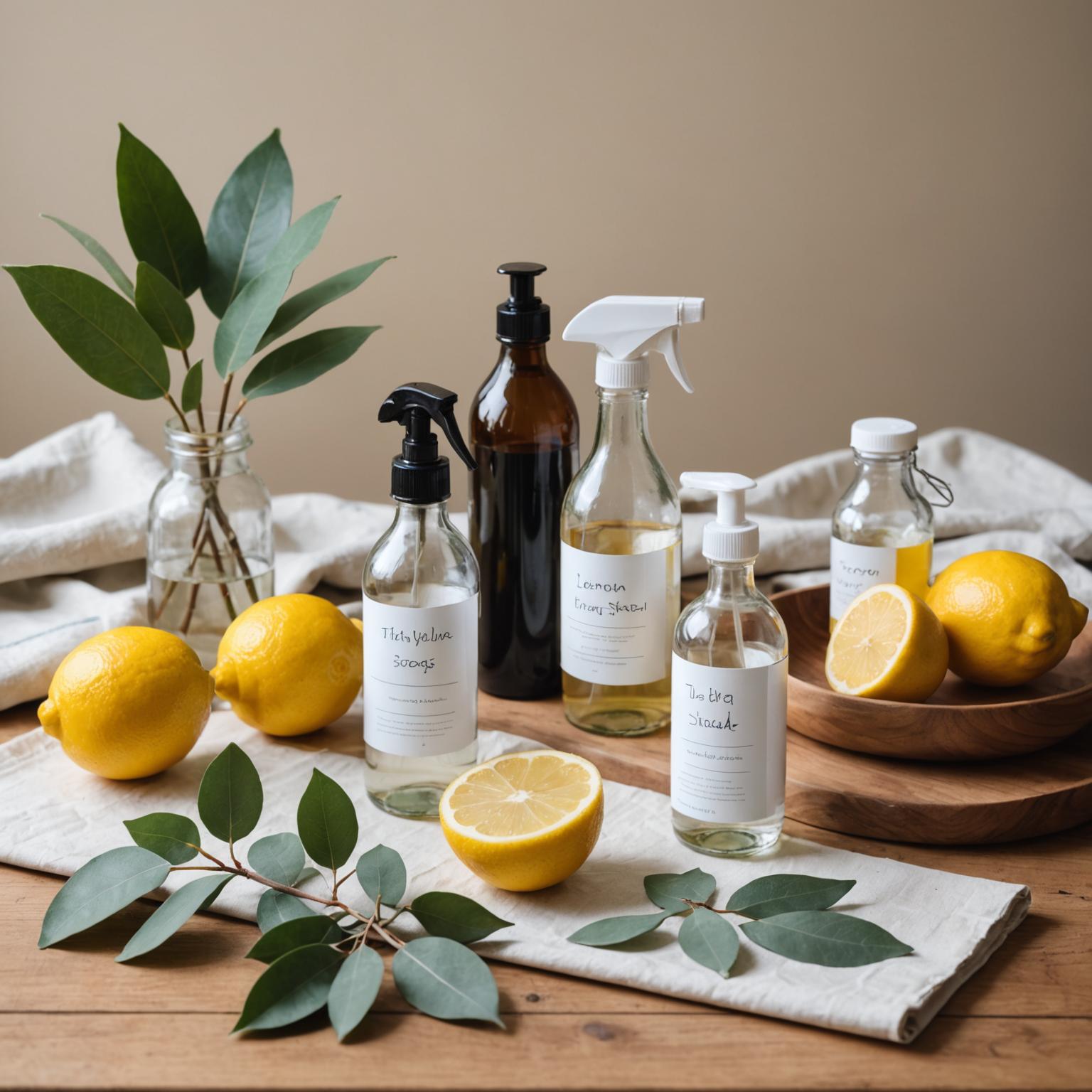 Glass spray bottles and eco cleaning supplies on a wooden table
