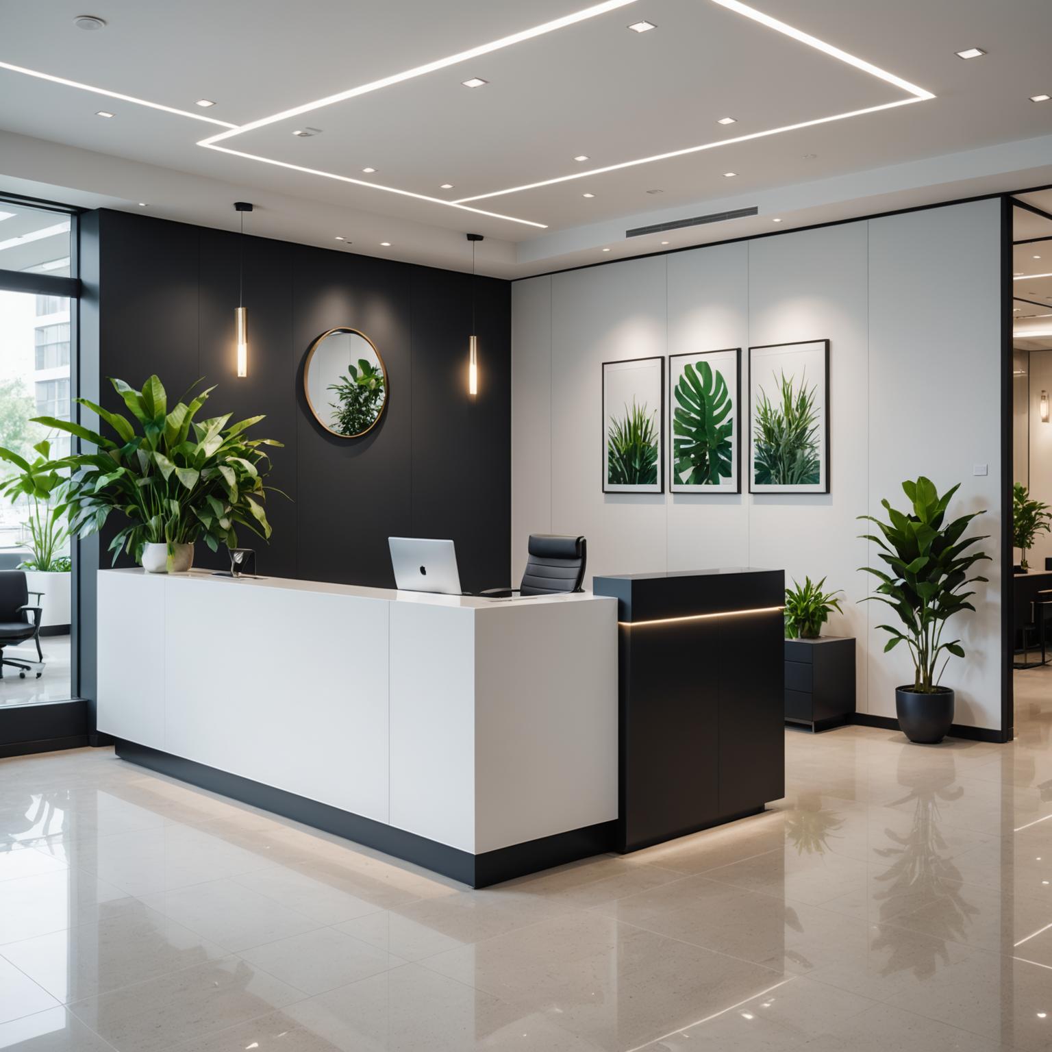 Pristine modern office reception area with green accents