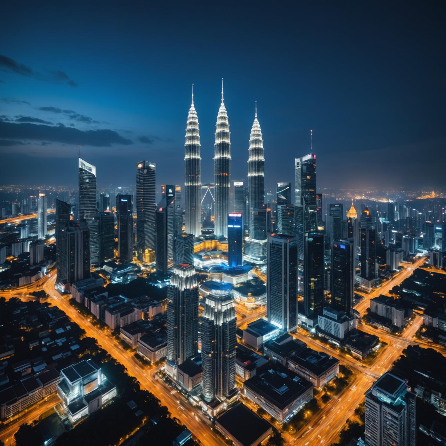 Aerial view of Kuala Lumpur skyline with Petronas Twin Towers at blue hour