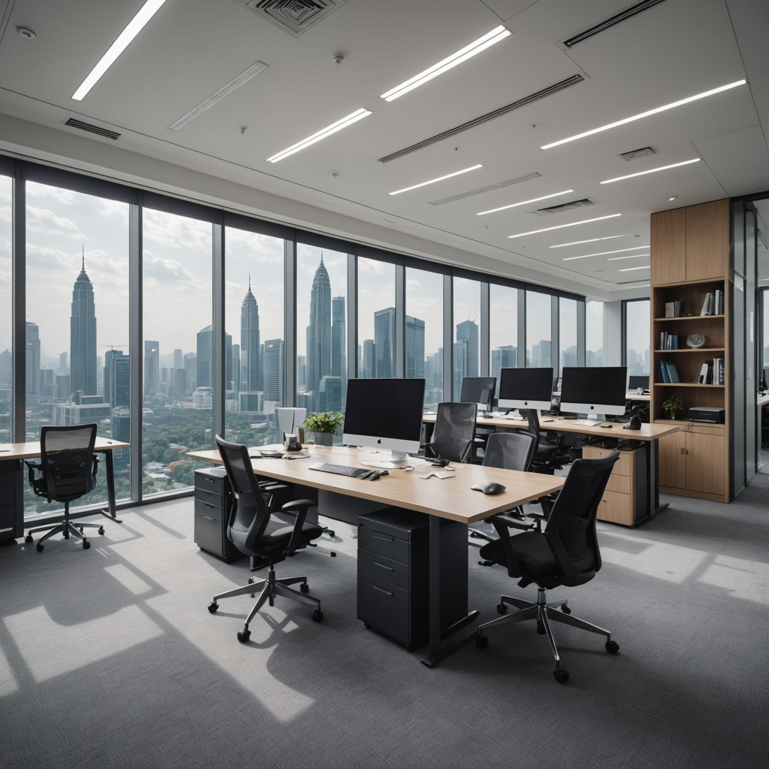 Pristine open-plan office in Kuala Lumpur high-rise at early morning