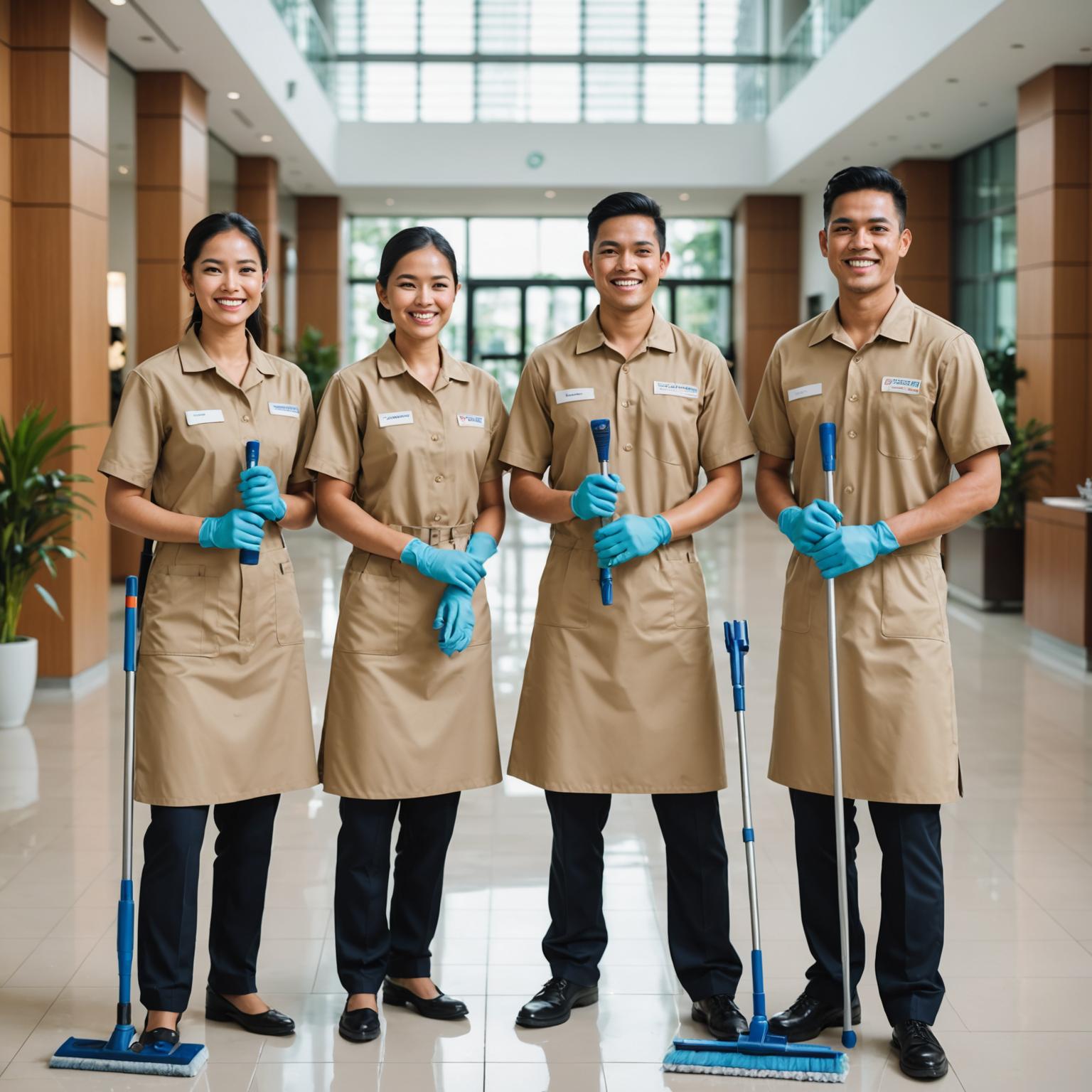 FinEdge crew of four in matching uniforms ready for a job in the Kuala Lumpur lobby