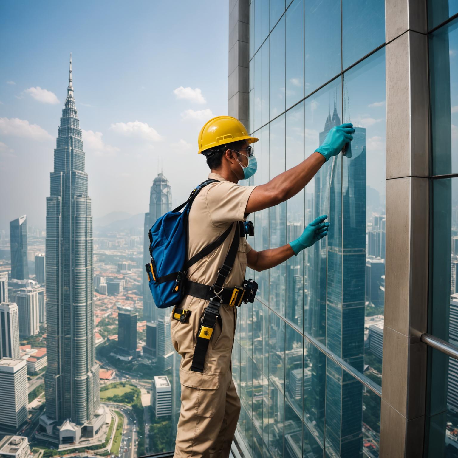 Professional cleaner on facade of Kuala Lumpur high-rise tower